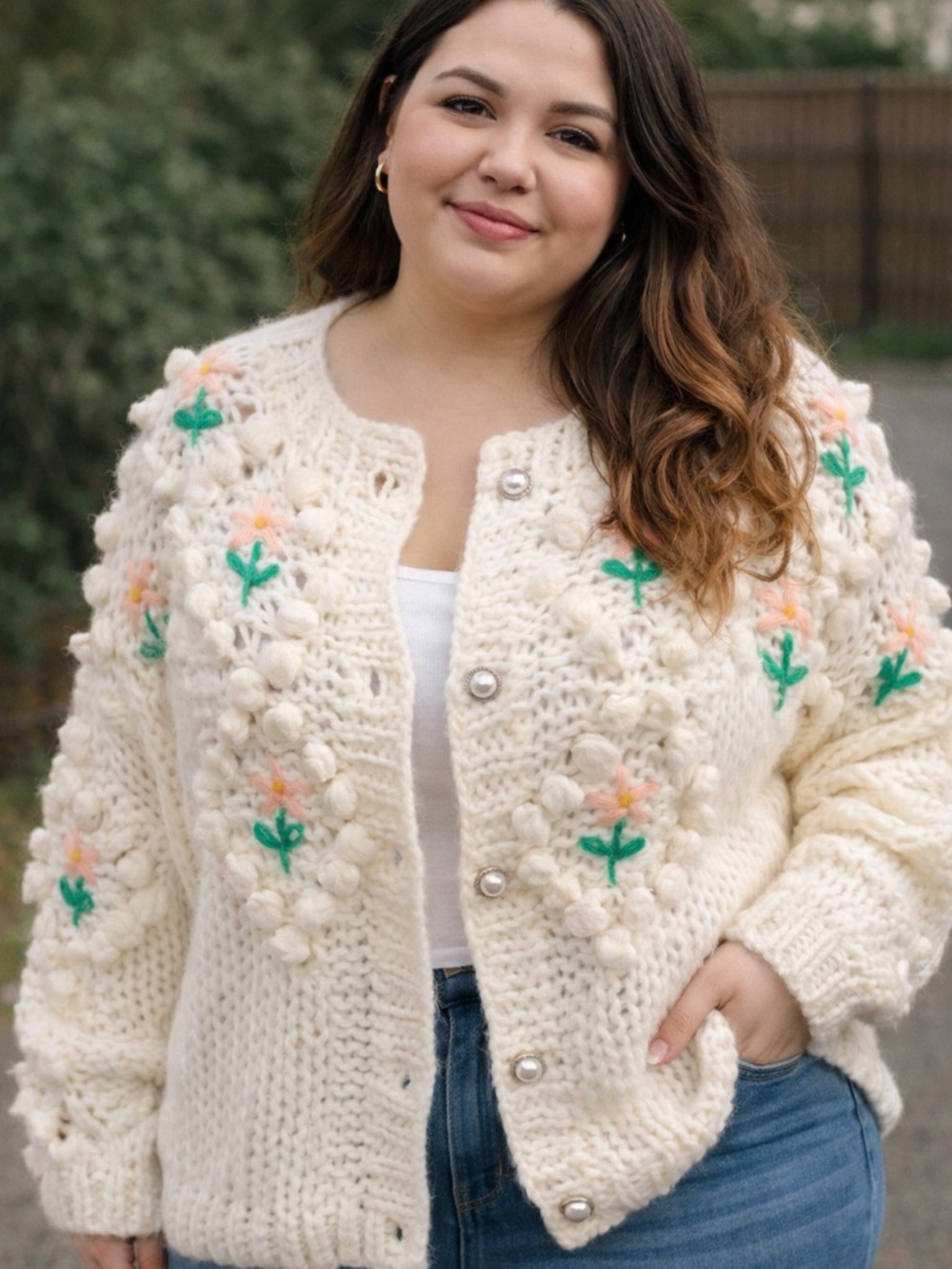 Cream Floral Crochet Chunky Button-Up Cardigan Sweater